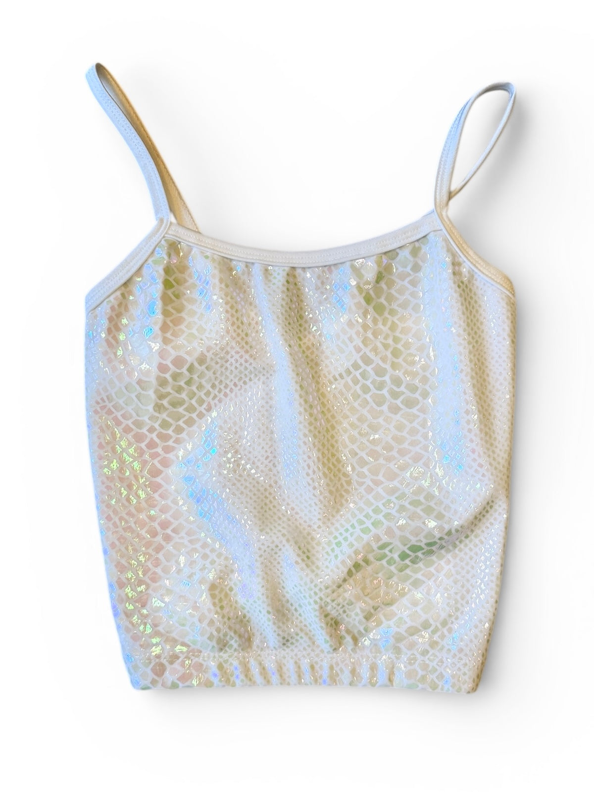 Top med bindebånd i ryggen. Hvid pearl snake glimmer. Str. 10 år.