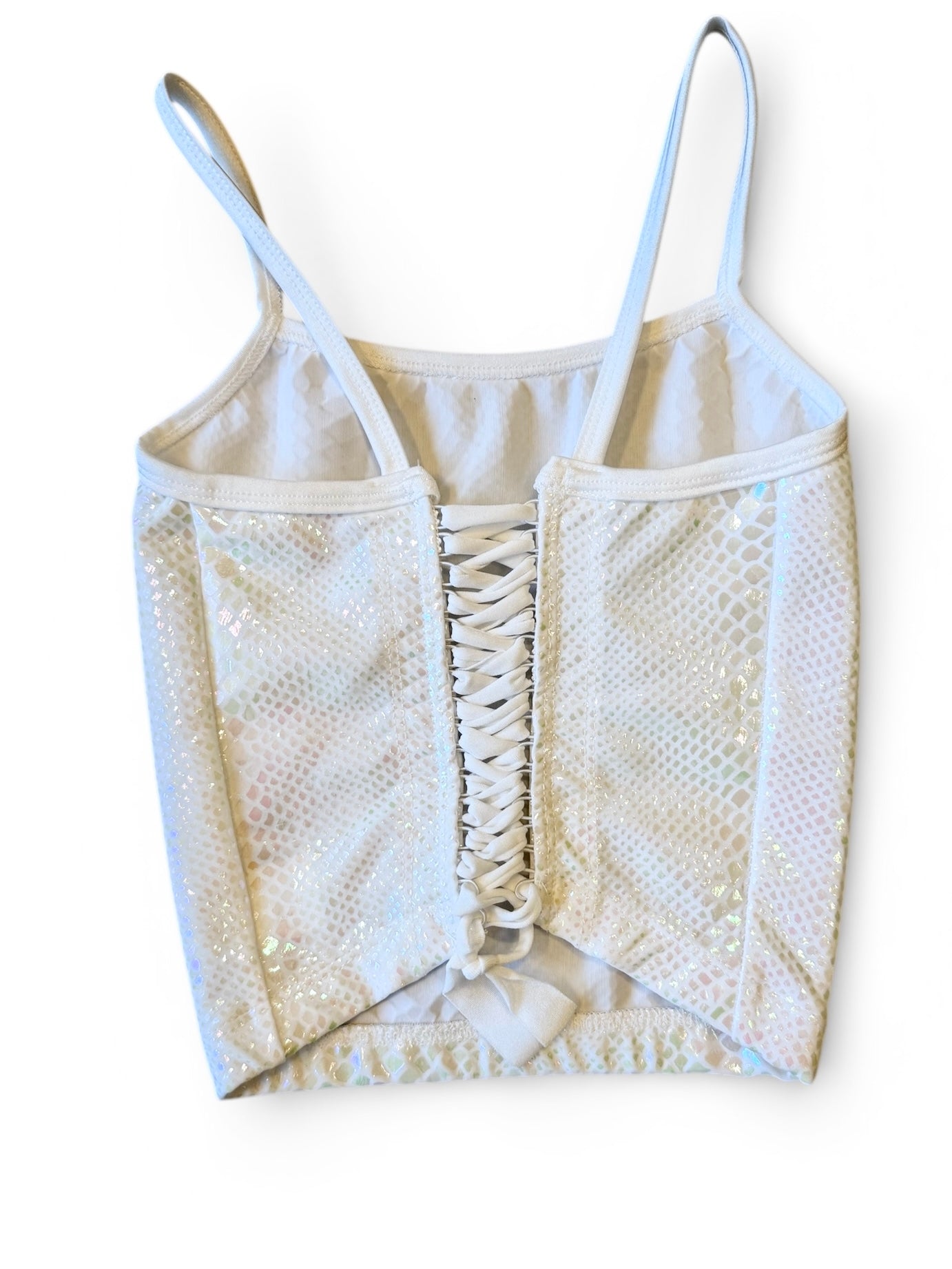 Top med bindebånd i ryggen. Hvid pearl snake glimmer. Str. 10 år.