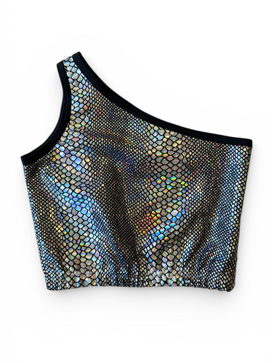 Skråtop i sort snake glimmer. Str. 12 år.