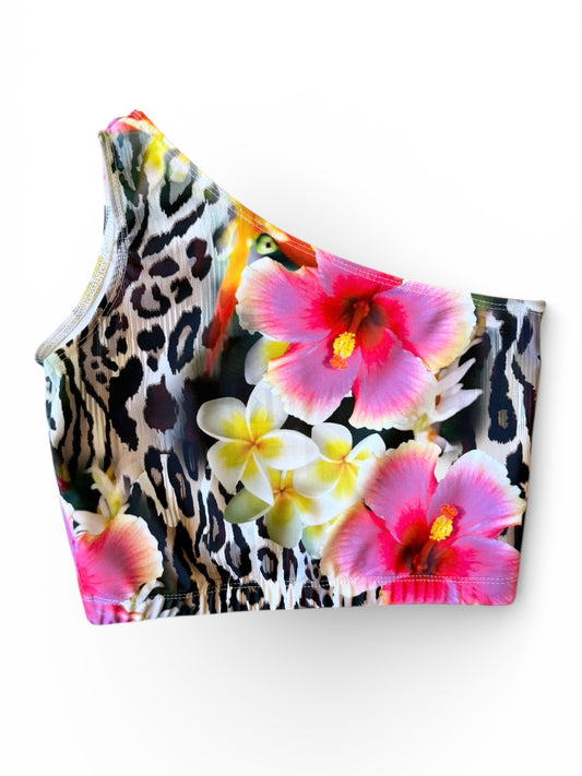 Skråtop i flot blomsterprint. Str. 12 år.